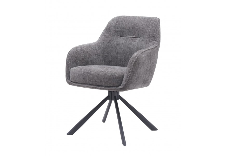 Moderní skandinávské otočné jídelní křeslo Egon s šedým žinylkovým potahem s jemným leskem a černou kovovou podstavou se čtyřmi nohama s nerezavějící oceli