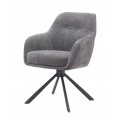 Moderní skandinávské otočné jídelní křeslo Egon s šedým žinylkovým potahem s jemným leskem a černou kovovou podstavou se čtyřmi nohama s nerezavějící oceli