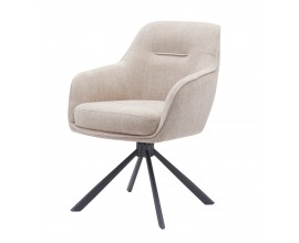 Skandin&aacute;vsk&eacute; industri&aacute;ln&iacute; j&iacute;deln&iacute; křeslo Egon s otočnou sedac&iacute; č&aacute;st&iacute; s čalouněn&iacute;m a potahem v kr&eacute;mov&eacute; b&eacute;žov&eacute; barvě s designem lnu s podstavou z kovu se čtyřmi nohama v čern&eacute; barvě