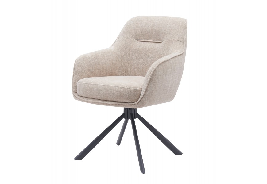 Skandinávské industriální jídelní křeslo Egon s otočnou sedací částí s čalouněním a potahem v krémové béžové barvě s designem lnu s podstavou z kovu se čtyřmi nohama v černé barvě