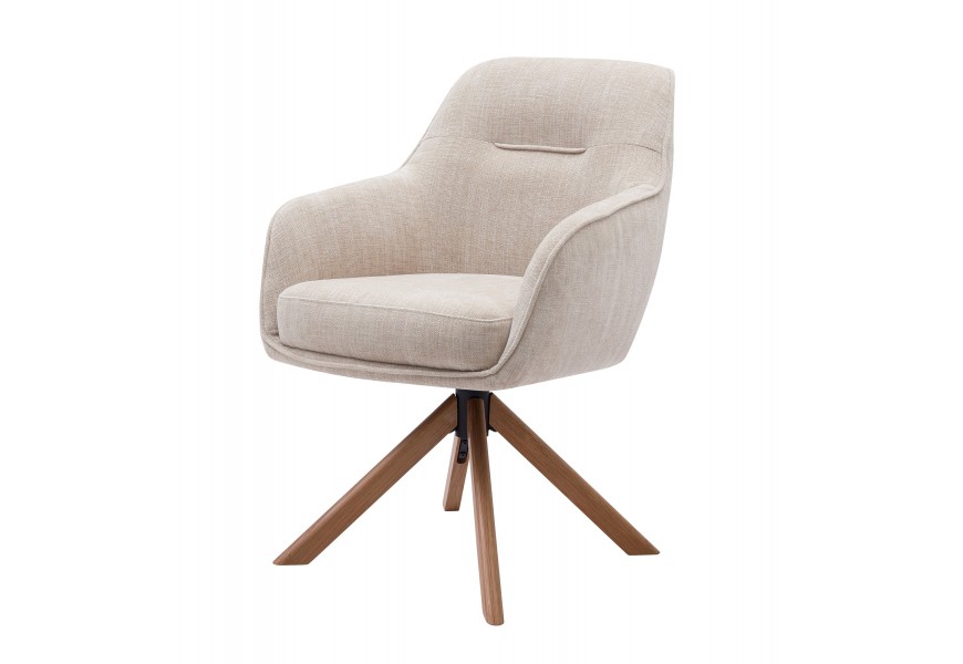 Designová moderní jídelní židle Egon s čalouněnou otočnou sedací částí s potahem s lněným designem ve světlé béžové barvě se čtyřmi šikmými nohami z masivního dubového dřeva v přírodní hnědé barvě