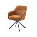 Moderní skandinávská otočná jídelní židle Egon s čalouněnou sedací částí s potahem v hořčicové žluté barvě s jemným sametovým leskem s podstavou z kovu v černé barvě se šikmýma nohama