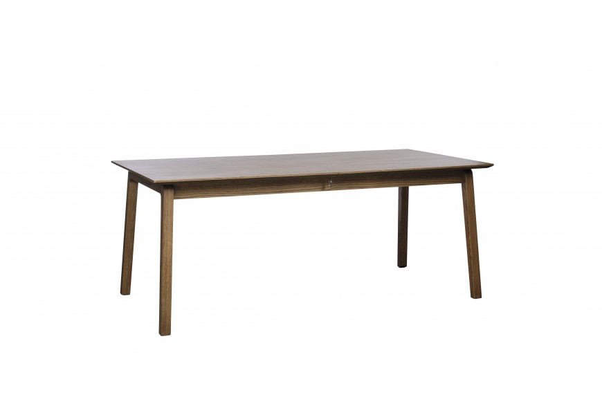 Moderní skandinávský jídelní stůl Arken s obdélníkovou rozkládací vrchní deskou a čtyřmi hranatými nohami z dubové dýhy s pravidelnou kresbou letokruhů v tmavém hnědém provedení