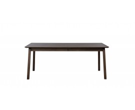 Designov&yacute; skandin&aacute;vsk&yacute; j&iacute;deln&iacute; stůl Arken s obd&eacute;ln&iacute;kovou rozkl&aacute;dac&iacute; vrchn&iacute; deskou a hranat&yacute;ma nohama s m&iacute;rn&yacute;m ze&scaron;ikmen&iacute;m v tmav&eacute; čokol&aacute;dov&eacute; hněd&eacute; barvě s přiznanou kresbou letokruhů