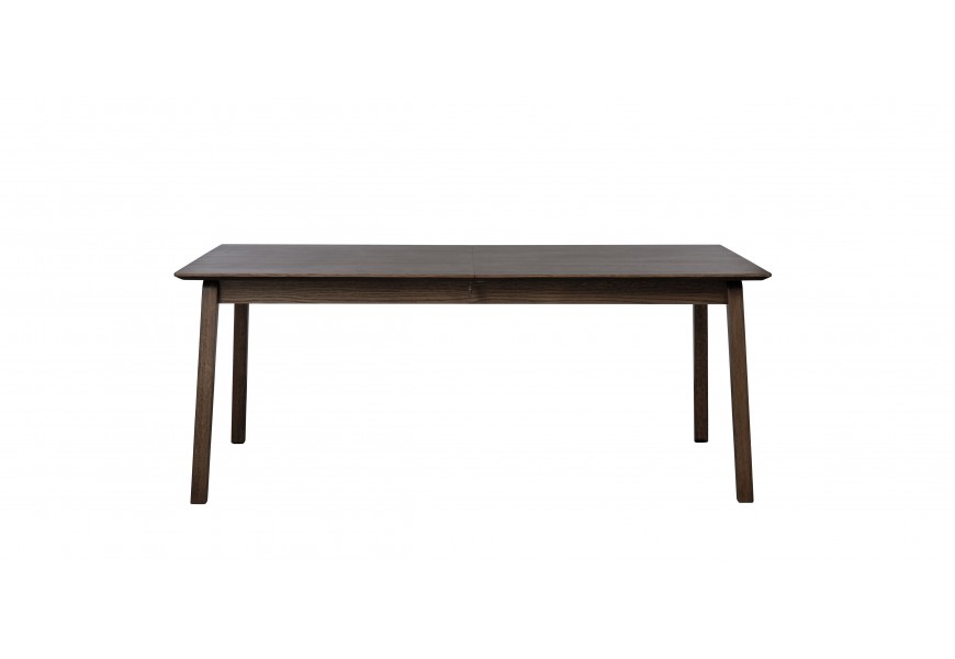 Designový skandinávský jídelní stůl Arken s obdélníkovou rozkládací vrchní deskou a hranatýma nohama s mírným zešikmením v tmavé čokoládové hnědé barvě s přiznanou kresbou letokruhů