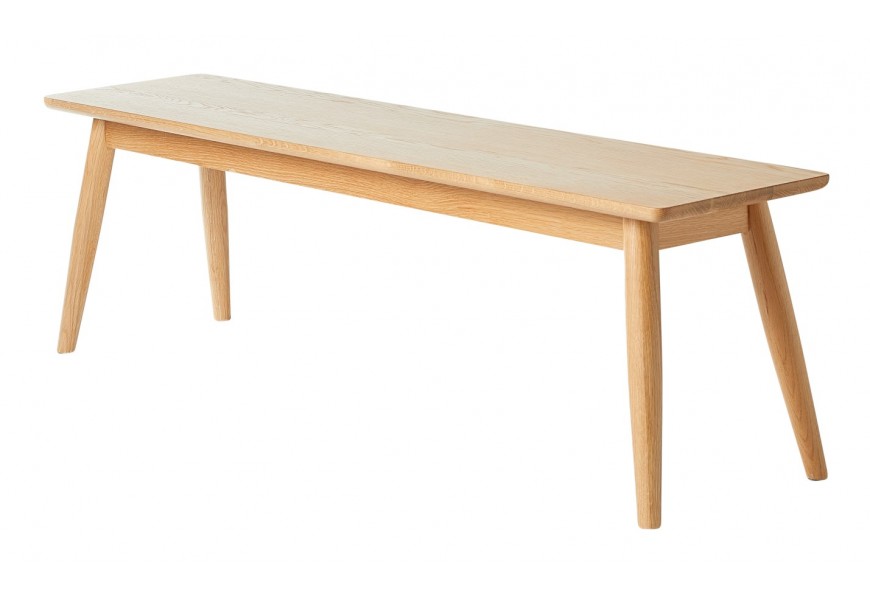 Designová retro dvoumístná lavice Aarhus s naturálním dřevěným vzhledem ve světlé dubové barvě s jemnou kresbou letokruhů se šikmýma nohama a obdélníkovým sedadlem se zaoblenými rohy