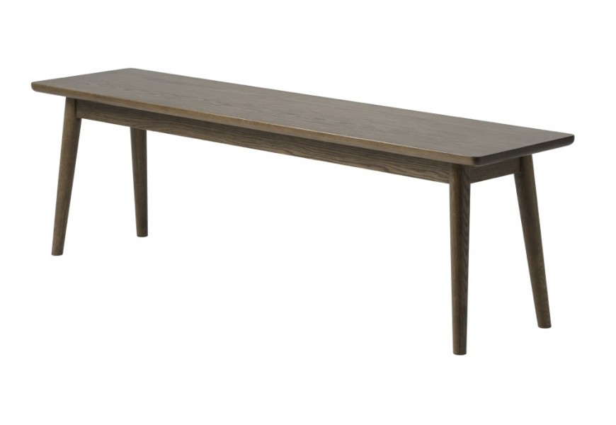 Moderní skandinávská lavice Aarhus v severském stylu v tmavém hnědém dubovém provedení s přiznanou kresbou letokruhů a šikmým válcovým nohama