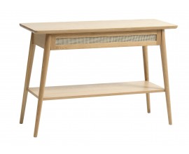 Skandin&aacute;vsk&yacute; konzolov&yacute; stolek Aarhus ve světl&eacute;m dubov&eacute;m hněd&eacute;m proveden&iacute; s polic&iacute; a &scaron;upl&iacute;kem s ratanov&yacute;m v&yacute;pletem 110 cm