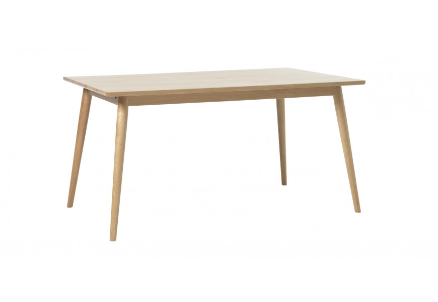Skandinávský retro jídelní stůl Aarhus z dubového dřeva ve světle hnědé barvě s obdélníkovou rozkládací vrchní deskou se dvěma prodlouženími na stranách a šikmým válcovitýma nohama