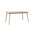 Skandinávský retro jídelní stůl Aarhus z dubového dřeva ve světle hnědé barvě s obdélníkovou rozkládací vrchní deskou se dvěma prodlouženími na stranách a šikmým válcovitýma nohama