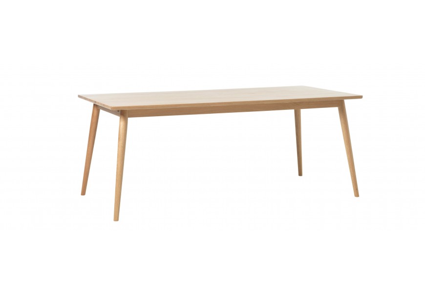 Retro obdélníkový rozkládací jídelní stůl Aarhus z dubového dřeva ve světle hnědé přírodní barvě se šikmým válcovitýma nohama