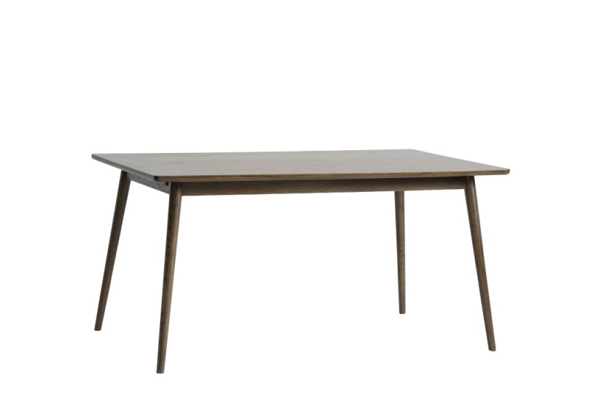 Skandinávský obdélníkový rozkládací jídelní stůl Aarhus s vrchní deskou se zaoblenými rohy z dubového dřeva v tmavém hnědém lakování s přiznanou kresbou letokruhů