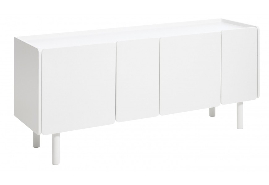 Moderní čtyřdveřový příborník Arvila v bílé barvě se zaoblenými rohy s válcovými nožičkami s vyvýšenými okraji