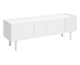 Moderní obdélníkový TV stolek Arvila se čtyřmi dvířky v bílé barvě s válcovými nožičkami 160 cm