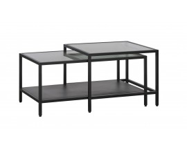 Modern&iacute; industri&aacute;ln&iacute; sada konferenčn&iacute;ch stolků Farver s černou kovovou konstrukc&iacute; se skleněnou vrchn&iacute; deskou 90 cm
