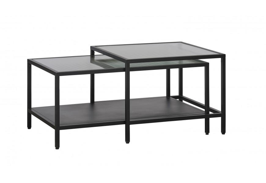 Industriální set konferenčních stolků Farver z kovu v černé barvě s vrchní deskou z bezpečnostního tvrzeného průhledného skla s policí