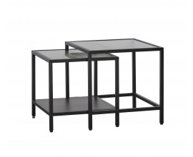 Moderní sada dvou čtvercových konferenčních stolků Farver s černou kovovou konstrukcí a skleněnou deskou 50 cm