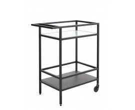 Modern&iacute; industri&aacute;ln&iacute; serv&iacute;rovac&iacute; voz&iacute;k Farver s černou konstrukc&iacute; z kovu na kolečk&aacute;ch se skleněnou vrchn&iacute; deskou a plnou polic&iacute;