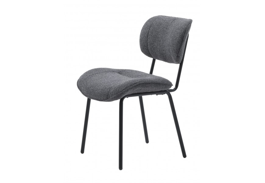 Moderní designová šedá jídelní židle Hruna s čalouněným sedákem a opěrkou s buklé strukturovaným potahem se štíhlým rámem z kovu v matné černé barvě