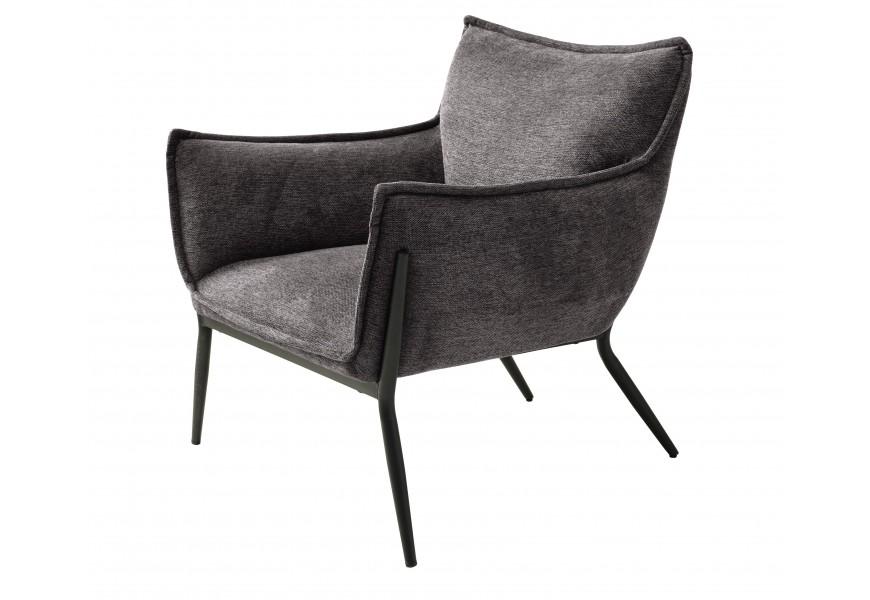 Designové industriální čalouněné tmavě šedé křeslo Beryl s potahem s hladkým tkaním s opěrkami s vytaženými rohy a nohama z kovu v černé barvě