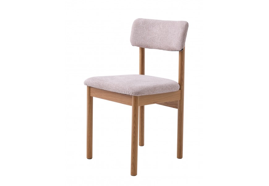 Moderní masivní jídelní židle Leonna s konstrukcí z dubového dřeva ve světle hnědé barvě s přiznanou kresbou letokruhů s čalouněným sedadlem a zádovou opěrkou s potahem z buklé ve světlé béžově pískové barvě