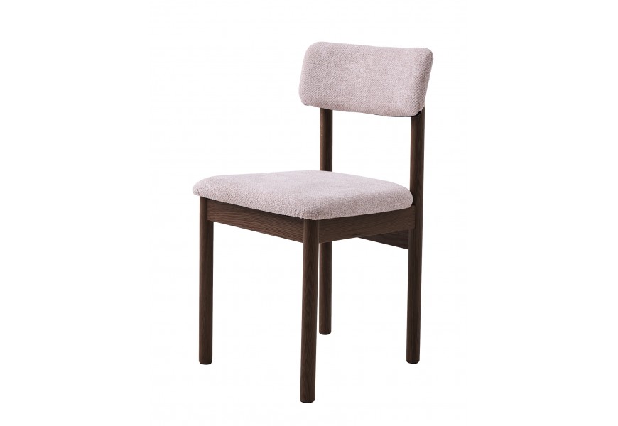 Designová skandinávská židle Leonna s rámem z dubového dřeva v tmavém hnědém lakování se sedadlem a zádovou opěrkou s čalouněním s buklé potahem ve světlé béžově pískové barvě
