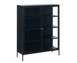 Industri&aacute;ln&iacute; čern&aacute; kovov&aacute; vitr&iacute;na Soeren z dvojit&yacute;mi prosklen&yacute;mi dv&iacute;řky s lesklou zlatou &uacute;chytkou a čtyřmi policemi 140 cm