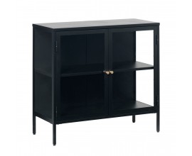 Designový industriální příborník Soeren s dvojitými prosklenými dvířky se zlatými úchyty z kovu v černé barvě 90 cm
