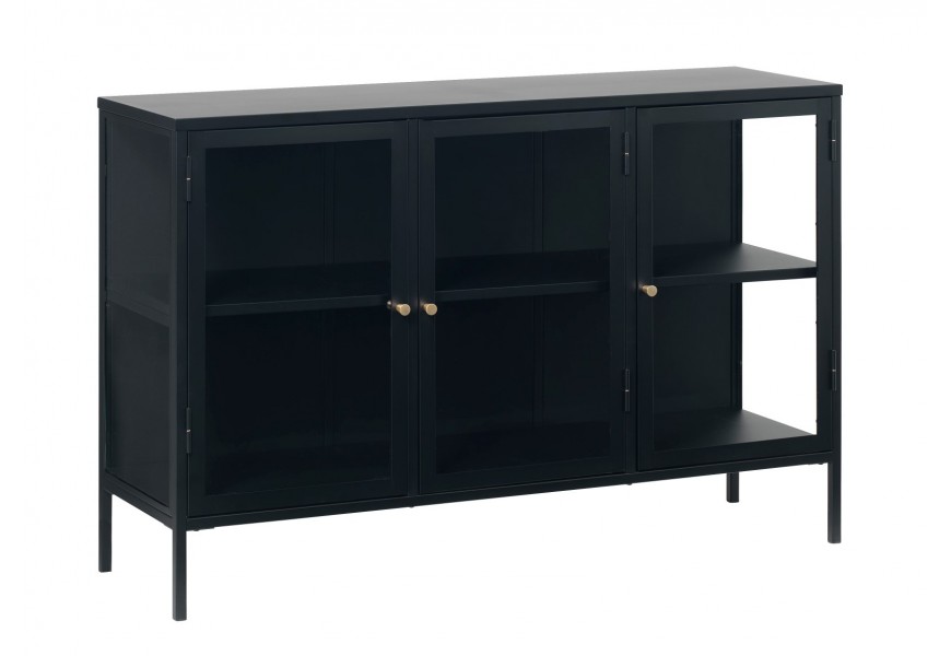 Designový industriální kovový příborník Soeren v černé barvě se třemi průhlednými skleněnými dvířky s policí na nožičkách s úchyty v lesklé zlaté barvě
