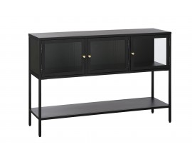 Designov&yacute; modern&iacute; čern&yacute; př&iacute;born&iacute;k Soeren se třemi skleněn&yacute;mi dv&iacute;řky a jednou otevřenou polic&iacute; z kovu 132 cm