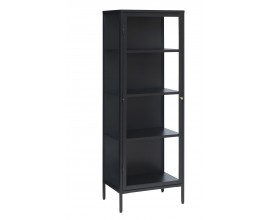 Industri&aacute;ln&iacute; modern&iacute; vitr&iacute;na Soeren s prosklen&yacute;mi dv&iacute;řky z kovu v čern&eacute; barvě se čtyřmi policemi 160 cm