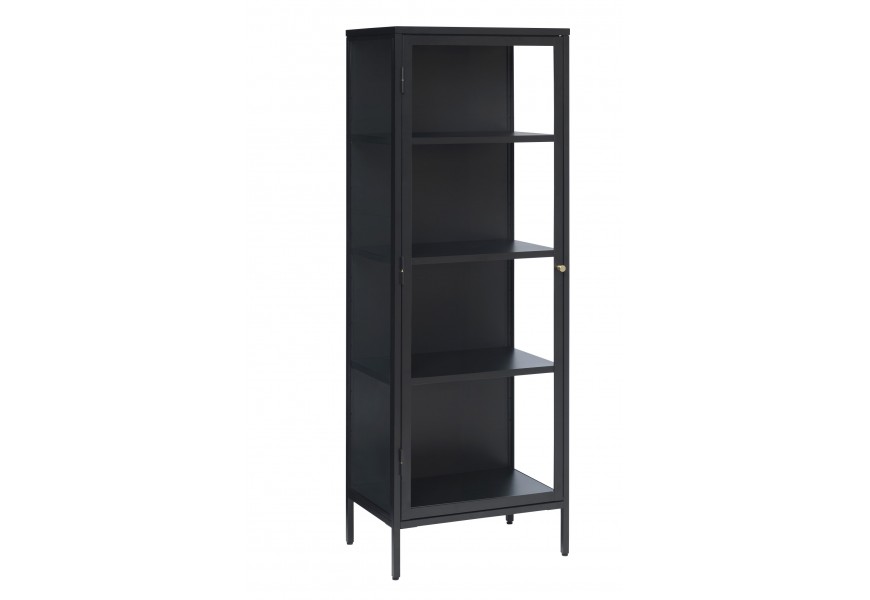 Designová industriální černá kovová vitrína Soeren s jedněmi skleněnými dvířky s lesklou zlatou kovovou úchytkou na nožičkách se čtyřmi policemi