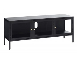 Modern&iacute; čern&yacute; tř&iacute;dveřov&yacute; TV stolek Soeren z kovu se skleněn&yacute;mi dv&iacute;řky se zlatou &uacute;chytkou na nožičk&aacute;ch 132 cm