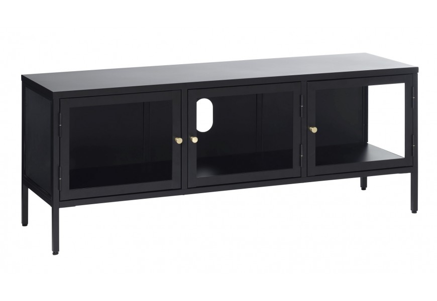 Designový industriální televizní stolek Soeren z kovu v černé barvě se třemi dvířky s průhlednou skleněnou výplní a zlatou úchytkou s plnou zadní stěnou s otvorem pro vedení kabelů na nožičkách