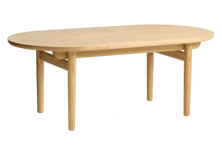 Retro masivní konferenční stolek Roskilde s oválnou vrchní deskou a čtyřmi válcovitými nožičkami s lineárními výztuhami ve světle hnědé přírodní barvě dubového dřeva