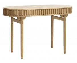 Skandin&aacute;vsk&yacute; ov&aacute;ln&yacute; psac&iacute; stůl Roskilde s &uacute;ložn&yacute;m prostorem s posuvn&yacute;mi dv&iacute;řky v hněd&eacute;m dubov&eacute;m proveden&iacute; 120 cm