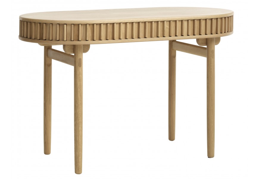 Designový retro psací stůl Roskilde z masivního a dýhovaného dubového dřeva ve světle hnědé barvě s přírodní kresbou letokruhů a oválnou vrchní deskou s úložným prostorem s posuvnými dvířky se čtyřmi válcovitými nožičkami