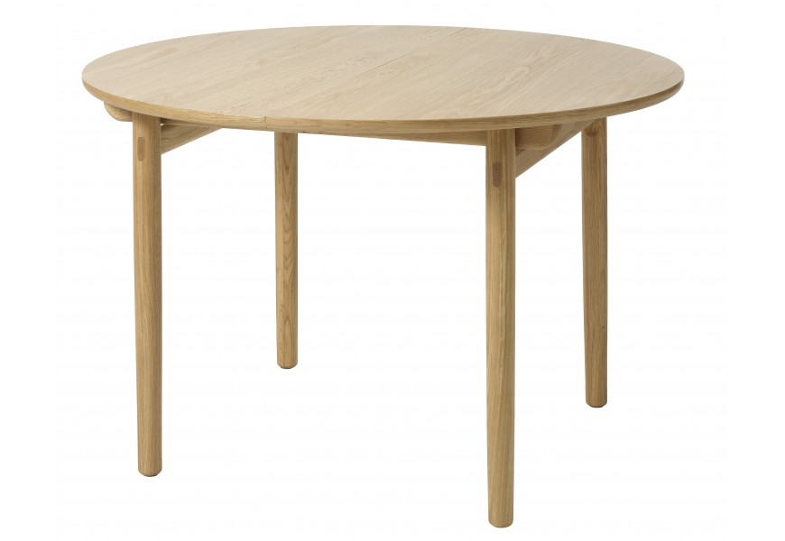 Luxusní masivní dubový retro jídelní stůl Roskilde s kulatou rozkládací vrchní deskou a čtyřma nohama ve světlém hnědém přírodním provedení