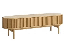 Retro ov&aacute;ln&yacute; TV stolek Roskilde s lamelov&yacute;mi posuvn&yacute;mi dv&iacute;řky se dvěma policemi a &scaron;upl&iacute;kem v dubov&eacute;m hněd&eacute;m proveden&iacute; 160 cm