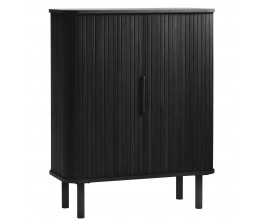 Designov&aacute; retro barov&aacute; skř&iacute;ňka Elbe s posuvn&yacute;mi lamelov&yacute;mi dv&iacute;řky se třemi policemi v čern&eacute;m dubov&eacute;m proveden&iacute; 113 cm