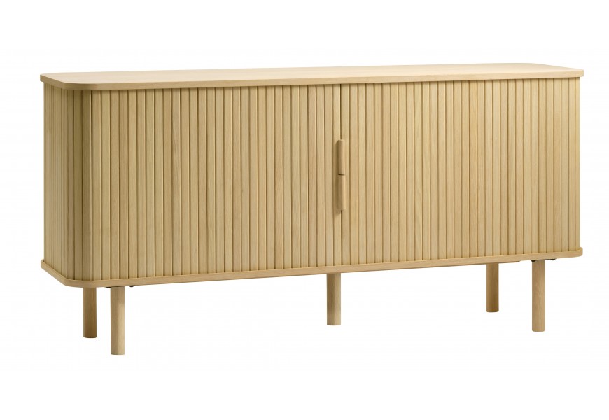 Designový retro příborník Elbe s dvojitými posuvnými dvířky s válcovitými úchyty a lamelovým dekorem s pěti nožičkami v přírodním světlém hnědém dubovém provedení