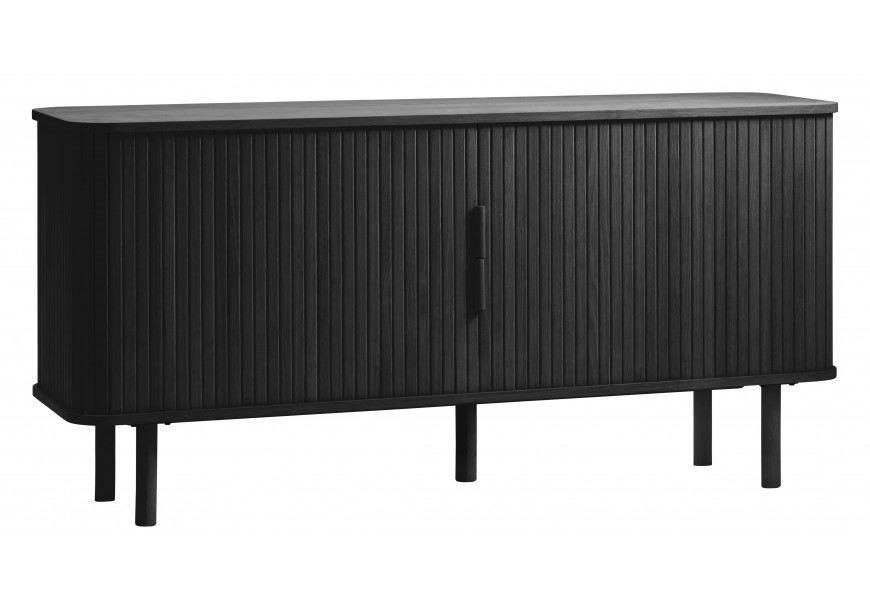 Skandinávský dvoudveřový příborník Elbe s obdélníkovou deskou se zaoblenými hranami s posuvnými dvířky s vertikálně drážkovaným designem s pěti nožičkami z dubové dýhy v černé barvě