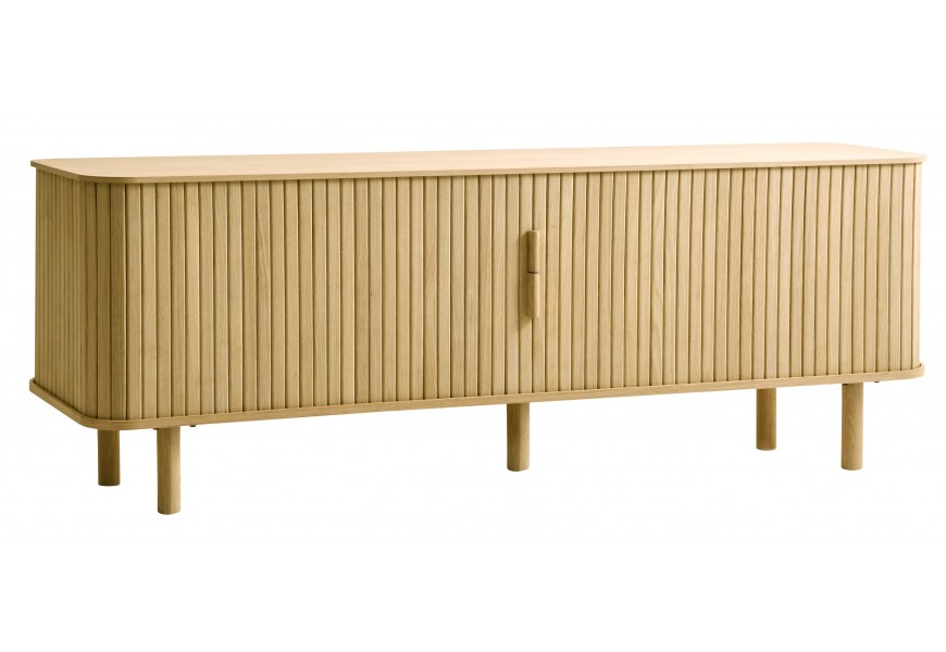 Luxusní skandinávský masivní obdélníkový televizní stolek Roskilde z dubového dřeva v hnědé barvě se zaoblenými rohy a posuvnými dvířky se čtyřmi policovými prostory