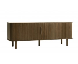 Retro TV stolek Elbe v tmav&eacute;m hněd&eacute;m dubov&eacute;m proveden&iacute; s dvoudveřov&yacute;m &uacute;ložn&yacute;m prostorem a lamelov&yacute;m designem 160 cm