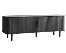 Designov&yacute; retro čern&yacute; TV stolek Elbe s dvojit&yacute;mi lamelov&yacute;mi posuvn&yacute;mi dv&iacute;řky a &uacute;ložn&yacute;m prostorem se čtyřmi policemi 160 cm