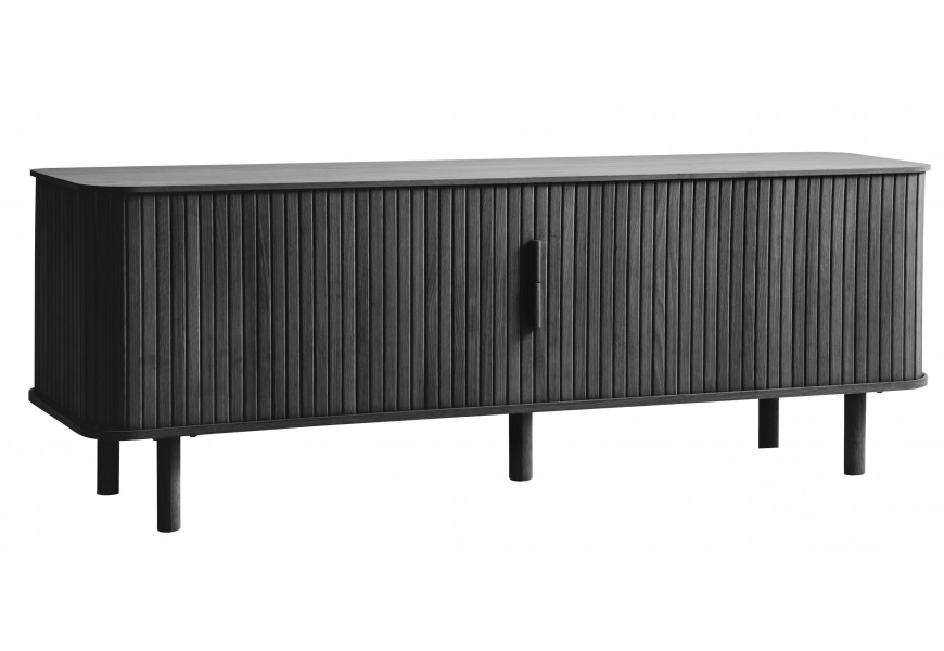 Skandinávský obdélníkový televizní stolek Elbe v dubovém provedení v černé barvě s jemnou kresbou letokruhů na pěti válcovitých nožičkách s dvojitými posuvnými dvířky s vertikálním lamelovým designem