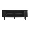 Designov&yacute; retro čern&yacute; TV stolek Elbe s dvojit&yacute;mi lamelov&yacute;mi posuvn&yacute;mi dv&iacute;řky a &uacute;ložn&yacute;m prostorem se čtyřmi policemi 160 cm