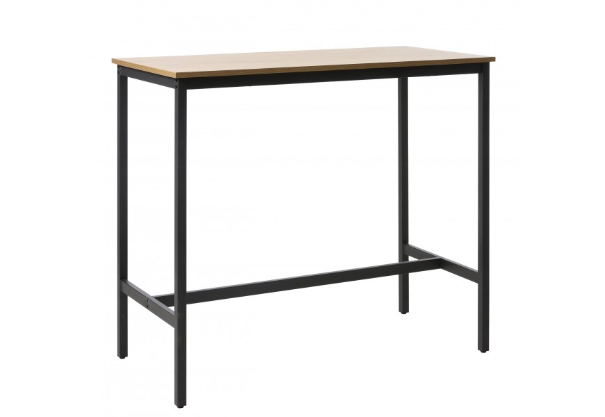 Industriální barový stůl Holstebro s obdélníkovou melaminovou deskou se světlým hnědým dubovým designem a podstavou z kovu v matné černé barvě