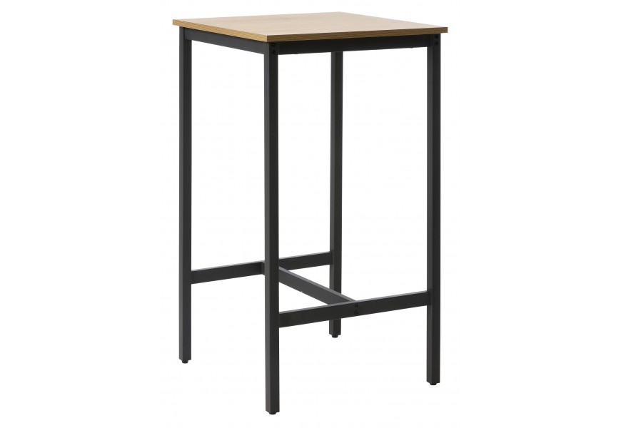 Moderní industriální čtvercový barový stůl Holstebro s vrchní deskou z melaminové dýhy a světlém hnědém dubovém provedení s pravidelnou kresbou letokruhů se čtyřmi černými nohami s výztuhou ve tvaru H