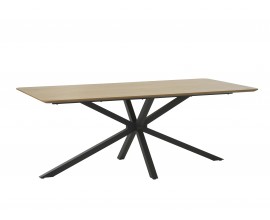 Modern&iacute; designov&yacute; j&iacute;deln&iacute; stůl s obd&eacute;ln&iacute;kovou vrchn&iacute; deskou z d&yacute;hy ve světl&eacute;m hněd&eacute;m dubov&eacute;m proveden&iacute; s pravidelnou kresbou letokruhů a podstavou z kovu se čtyřmi nohama s překř&iacute;žen&yacute;m tvarem v čern&eacute; barvě